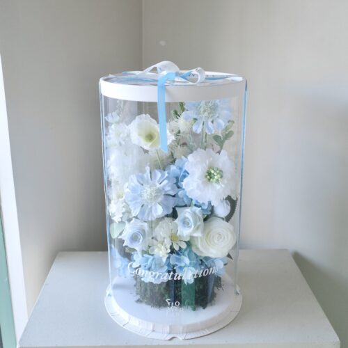 Tall Box M - กล่องดอกไม้ทรงสูงพลาสติกใสขนาดกลาง โทนสีฟ้าขาว [A-TAL-M-016]