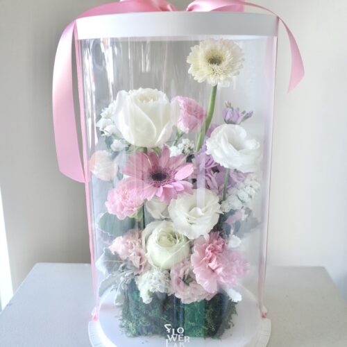 Tall Box M - กล่องดอกไม้ทรงสูงพลาสติกใสขนาดกลาง โทนสีชมพู [F-TAL-M-011]