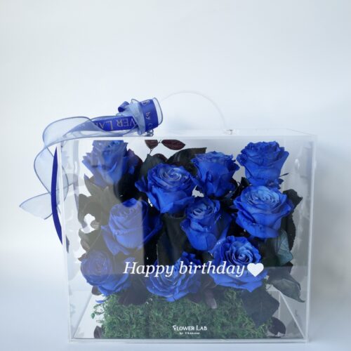 Crystal Box-กล่องดอกไม้อะคริลิคขนาดใหญ่ ดอกไม้โทนสีน้ำเงิน [F-CRY-L-026]