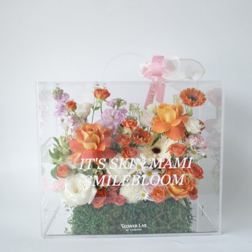 Crystal Box-กล่องดอกไม้อะคริลิคขนาดใหญ่ ดอกไม้โทนสีส้มขาวเเซมม่วง [F-CRY-L-027]