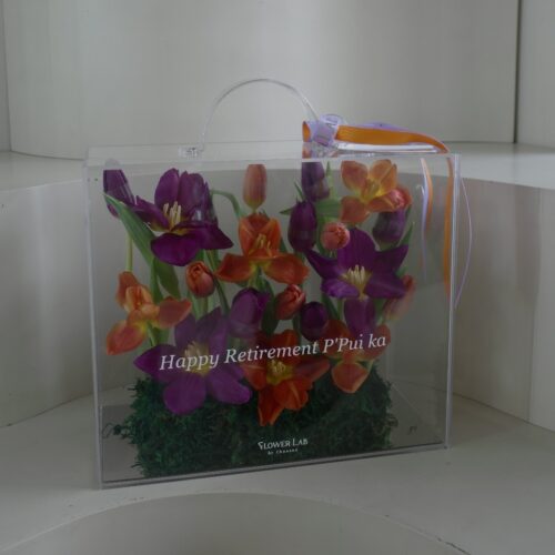Crystal Box-กล่องดอกไม้อะคริลิคขนาดใหญ่ ดอกไม้โทนสีม่วงส้ม [F-CRY-L-023]